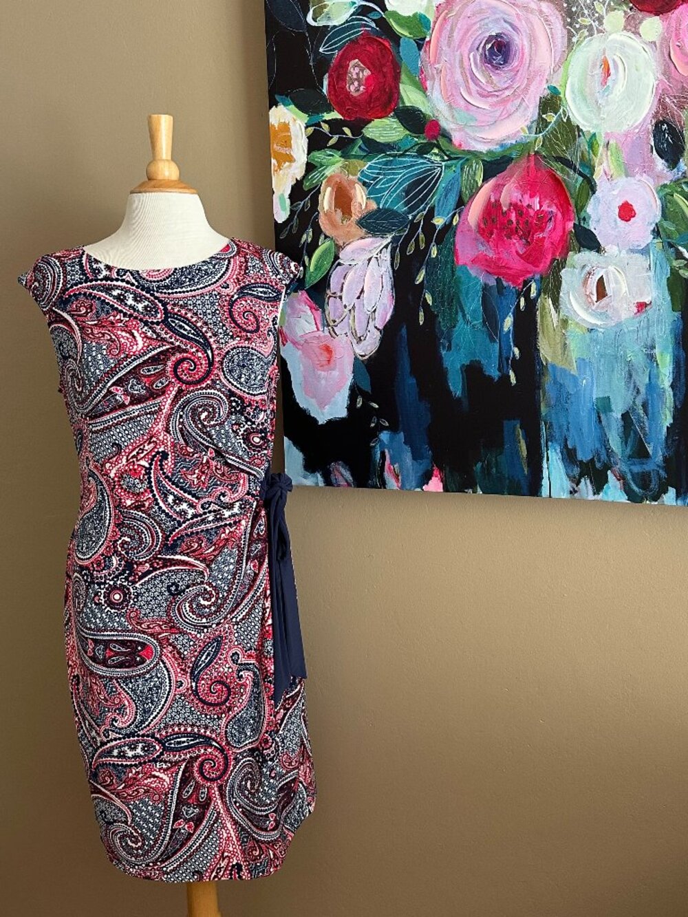 R&K Paisley Side Tie Dress M Navy Red Stretch Sheath Career